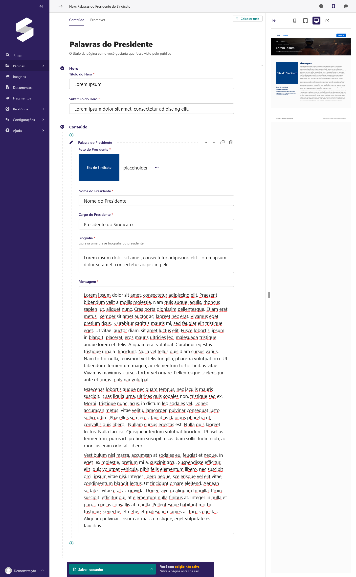 Manual: Criando páginas Institucionais - Palavras do Presidente