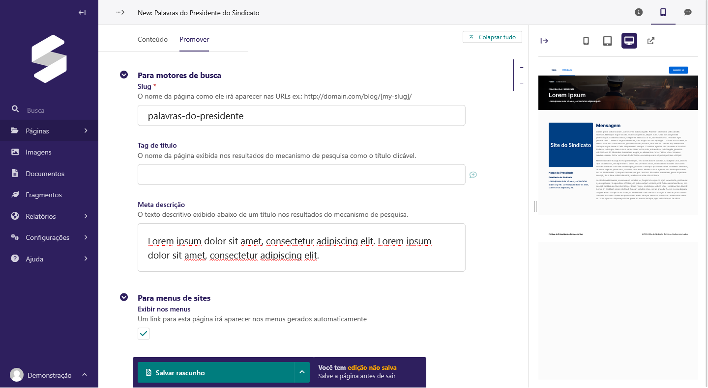 Manual: Páginas Institucionais - Palavra do Presidente